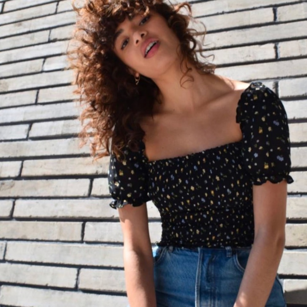 Reformation Black Smocked Puff-Sleeve Floral Top